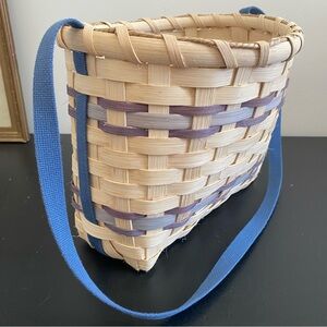 Natural Wood Woven Basket with Long Cotton Strap Cottagecore